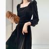 Women's Long Sleeve Velvet Dress: Autumn/Winter, French Retro A-line, Waist-Cinching, Square Neck, Hepburn Style Little Black Dress