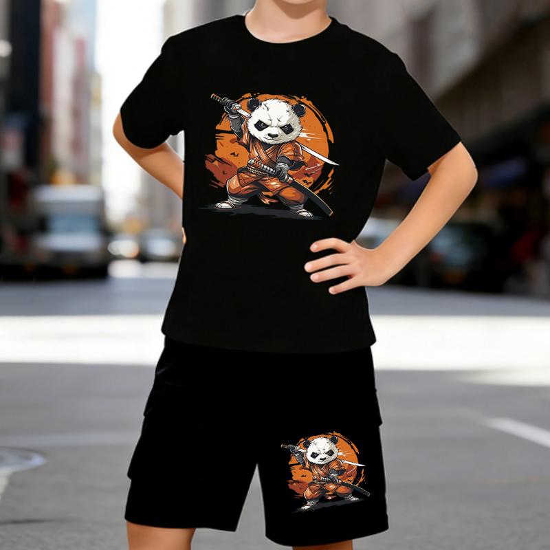 

Boys 2 Piece Cartoon Panda Printed Outfit, Short Sleeve T-Shirt and Shorts Set for Kids Age 5-14,Black and White Sporty Casual Summer Clothes 5-6 Years чёрный