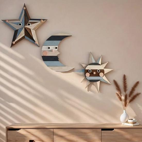 3 Pcs Rustic Sun Moon Star Wooden Wall Art Bohemian Style Vintage Wall Hanging Decorations for Boho Farmhouse Living Room Bedroom Decor