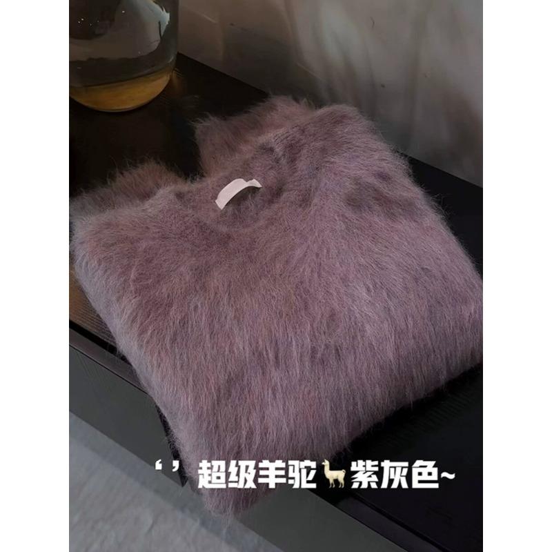 

Роскошный фиолетово-серый мягкий восковой свитер из шерсти альпаки женский пушистый сеньорский суперкрасивый кашемировый свитер One Size