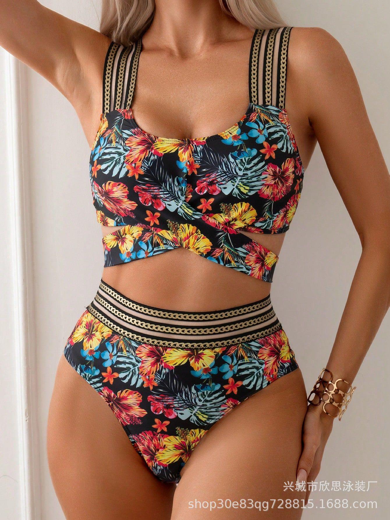 2026 bikini swimsuit sexy halter split high waist European and American printed bikini swimsuit S