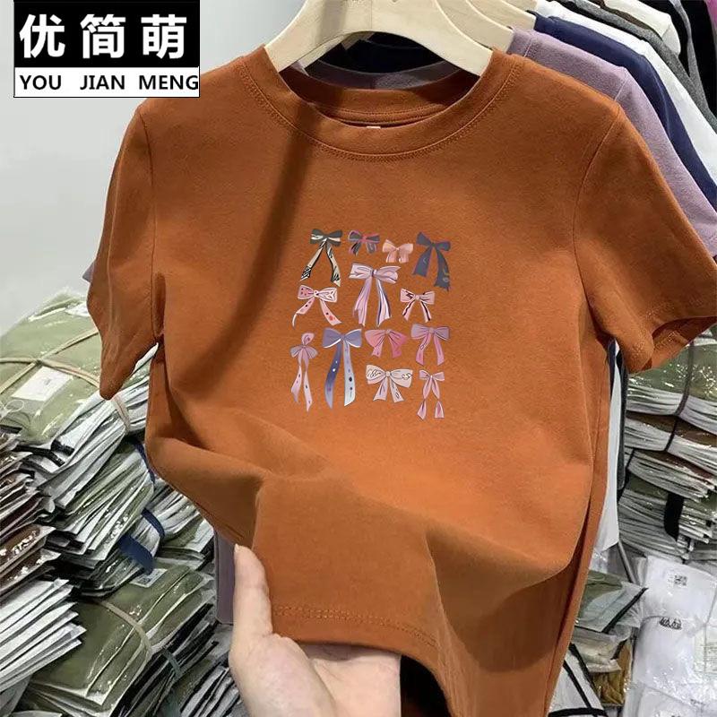 Women Multi Bowknot Graphic Crew Neck Short Sleeve Casual T-shirt