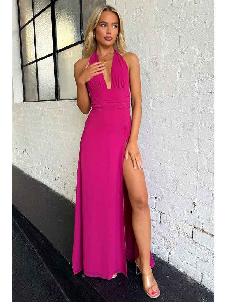 Jarní příchod: Elegantní evropské a americké dámské maxi šaty s halter výstřihem do V a rozparkem