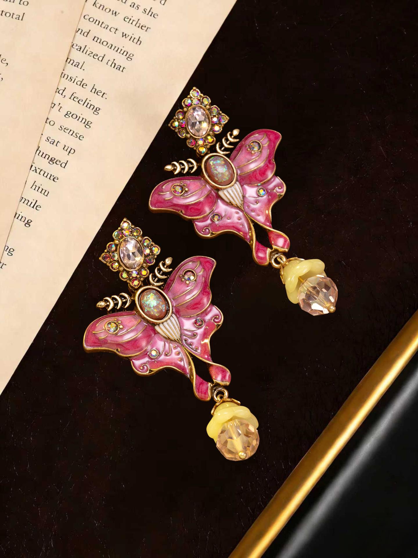 Used Vintage Enamel Butterfly Earrings - Retro French Court Style Pendant Studs
