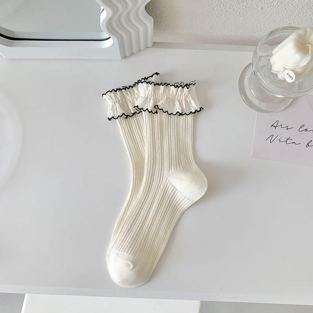 

Sweet Ruffle Frilly Trendy Cotton Hosiery Korean Style Socks Women Camellia Socks Middle Tube A