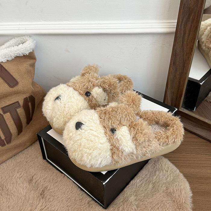 Niedliche gekritzelte Welpen flauschige Hausschuhe Damenbekleidung 2025 Herbst und Winter neu ins Wind vielseitig rutschfest Taschenkopf Hausschuhe