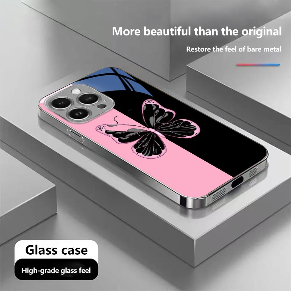 N143 Butterfly Art Phone Case for iPhone 16 15 Pro Max Samsung S24 S23 Ultra A54 A35 A52 Xiaomi Redmi Note 13 12 Pro Plated Frame Tempered Glass Cover