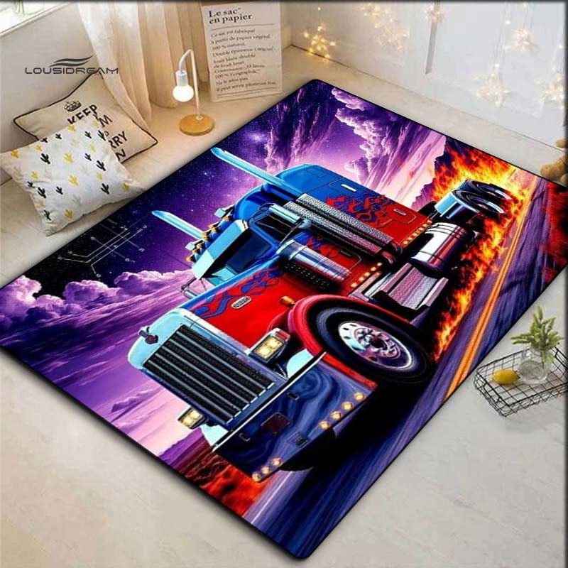 Cool Red Blue Heavy Truck Fire Galaxy Sky Print Area Rug Non‑Slip Rectangular Floor Mat Home Decor