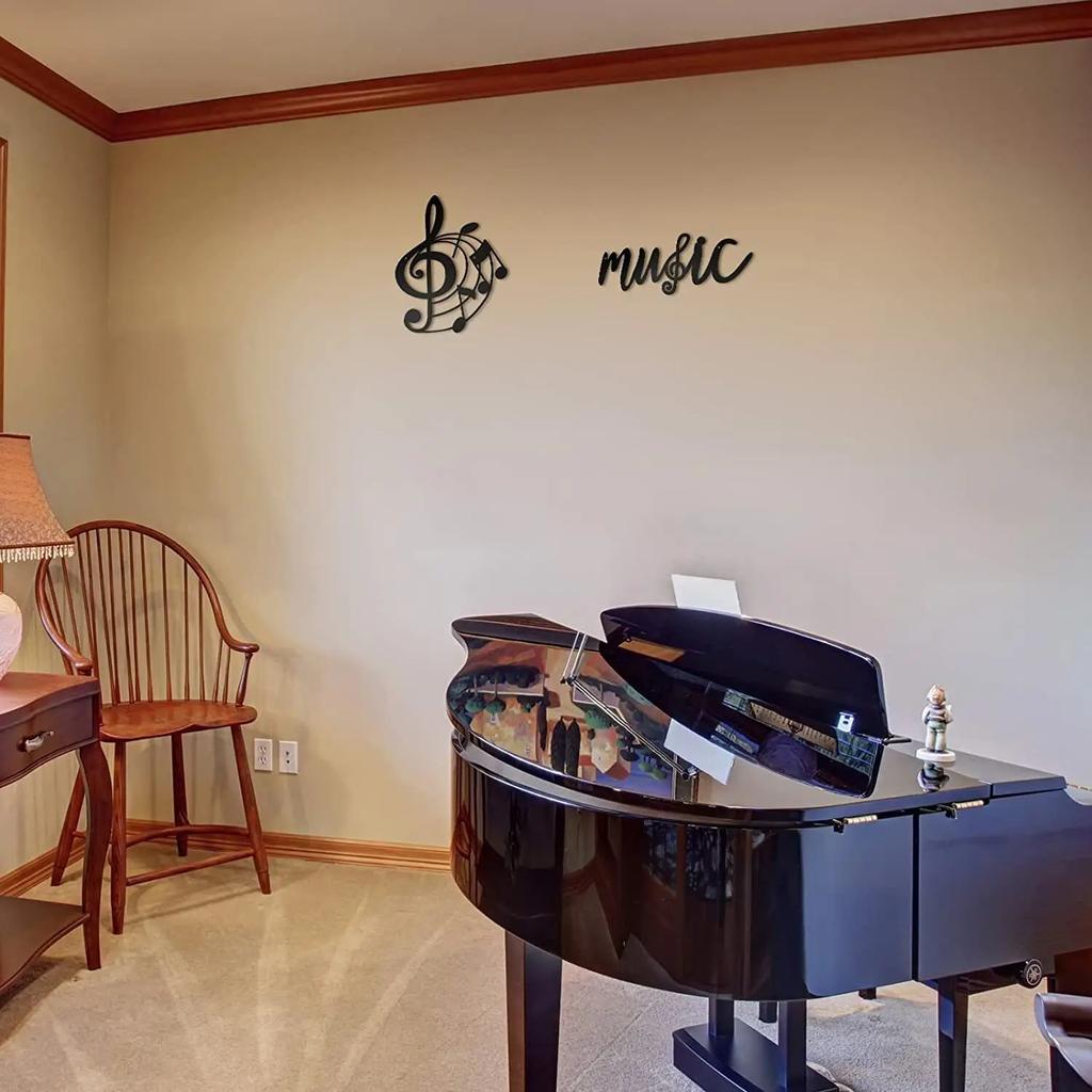 2-Piece Music Metal Wall Decor Set – Black Treble Clef and Music Notes, Stylish Iron Wall Art for Contemporary Home Decoration