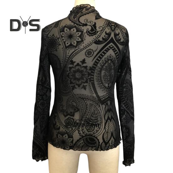 Damen Tops Rundhals Langarm Slim Fit Frühling Herbst Pullover Tops Durchsichtiges geometrisches Spitzenblumennetz T-Shirt