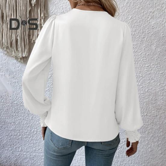 Holiday Casual Chic Shirt Women's Elegant V Neck Lantern Sleeve Soft Stylish Commuter Party Solid Color Top