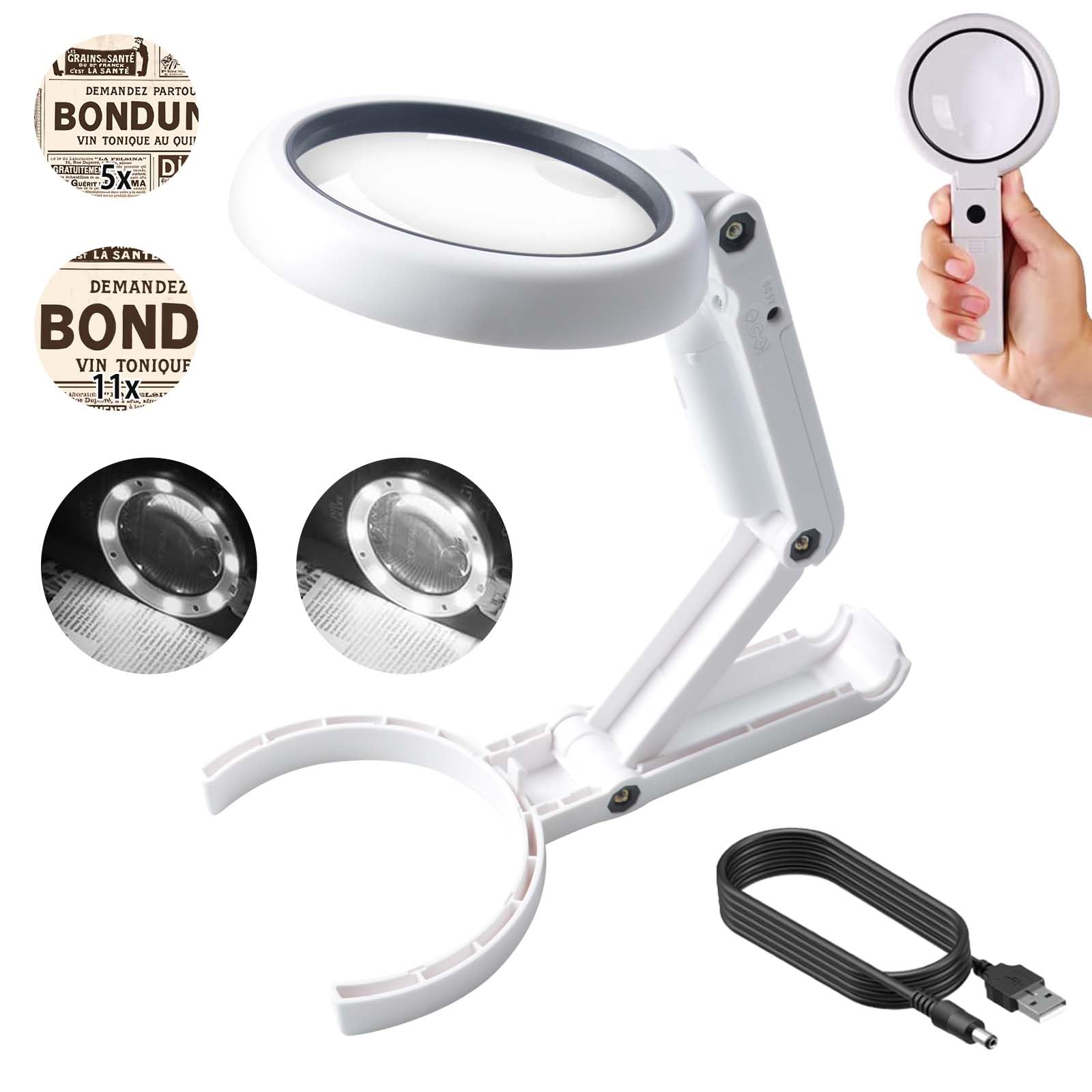 

Desktop and Handheld Magnifying 5x and 11x Stand Magnifier with 8 LED 75mm Lens High Adjustable Angle Glass, Magnification, Lights, Two-Level Dimming,