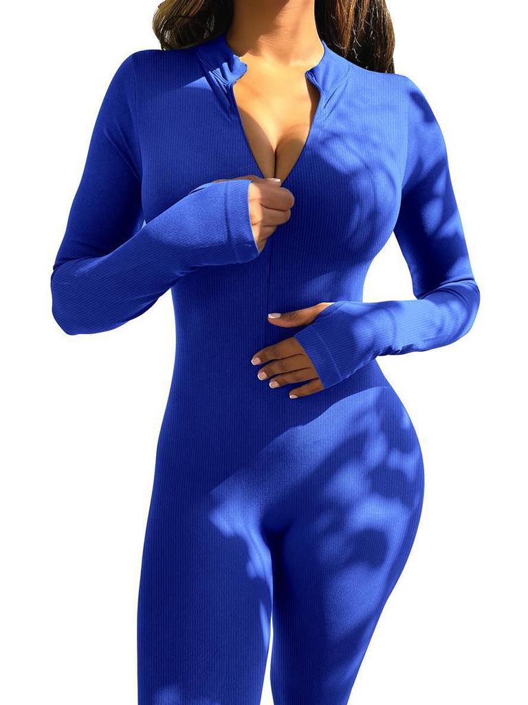 Women's Ribbed Elastic Slim-fit Long Sleeve Sport Yoga Jumpsuit with Invisible Zipper