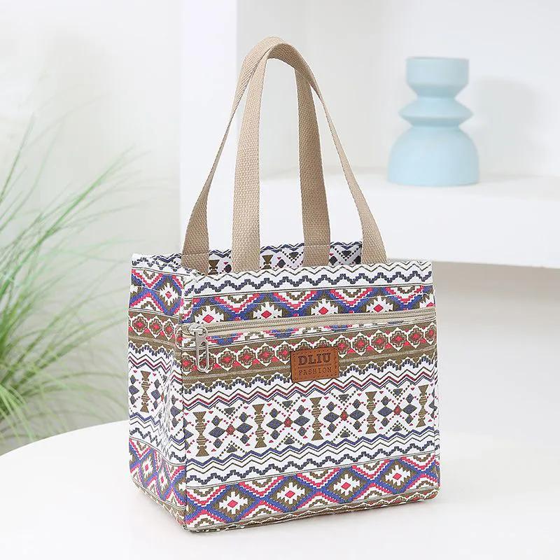 WTEMPO Canvas Lunch Box Handbags Aluminum Foil Insulated Work Hand-carried Lunch Bag Ethnic Style Retro Mommy Bags