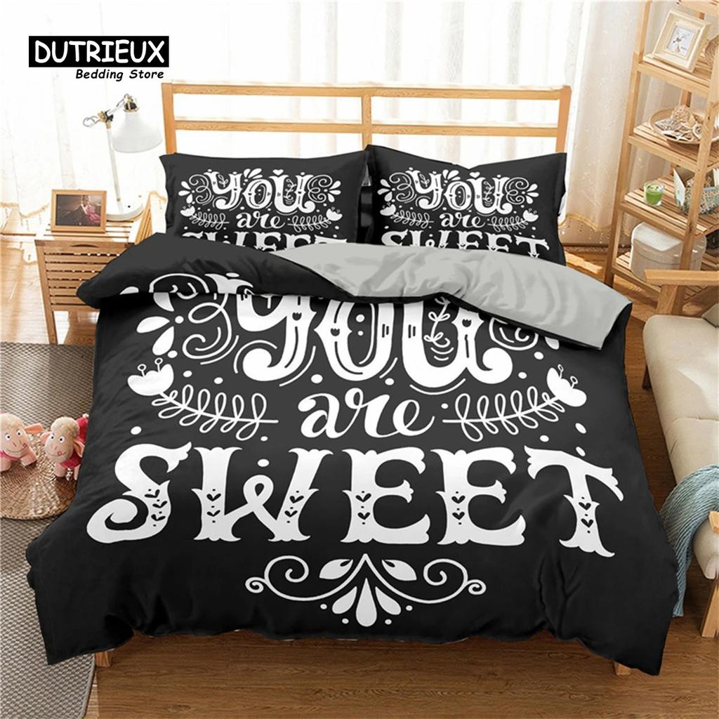 Love Words Bed Cover Kit Romantic Style Couple Sleep Bedding Kit Microfiber 3D Design Love Heart Comforter Cover Single Size Full Size Full Queen