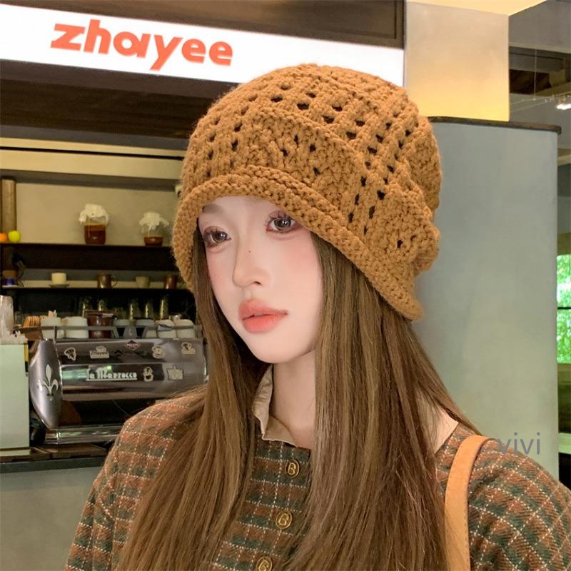 Women S Breathable Hollow Knitted Slouch Hat Solid Color Autumn Flattering Casual Fit