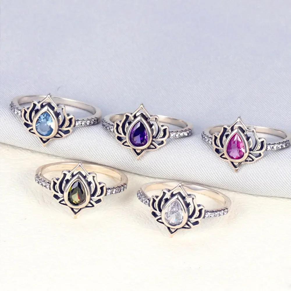 YILUOCD  Thai  Adjustable Rings For Women Lotus Flower Colorful Zircon Ring Boho Female Fine Jewelry Gift