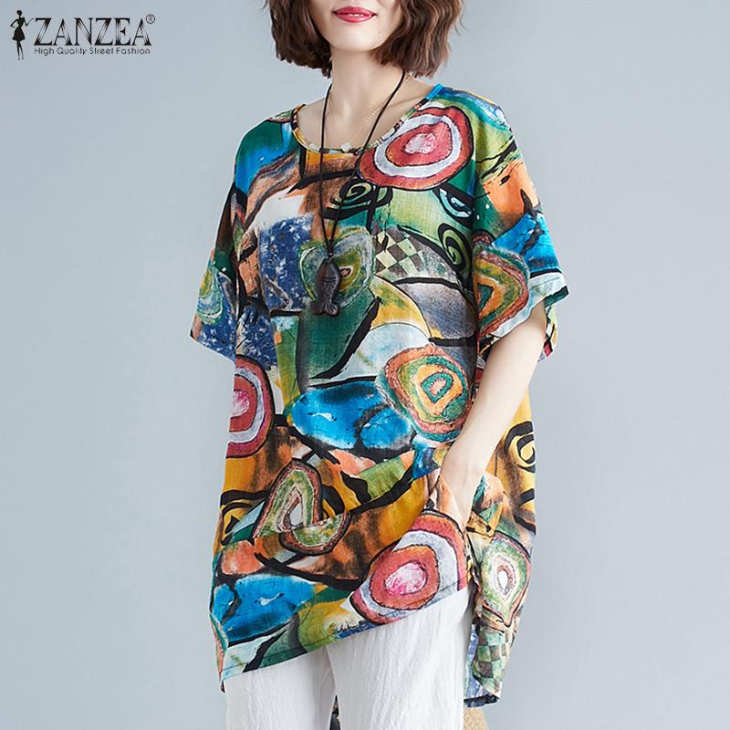 

ZANZEA Винтажный принт, летняя повседневная женская блузка с круглым вырезом и половиной рукавов, топы