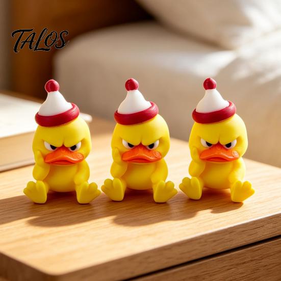 Creative Holiday Gifts 3D Printed Yellow Duck Figurine, Funny Arrogant Statue with Christmas Angry Duckling Figurines Hat, Miniature Ornament for Home