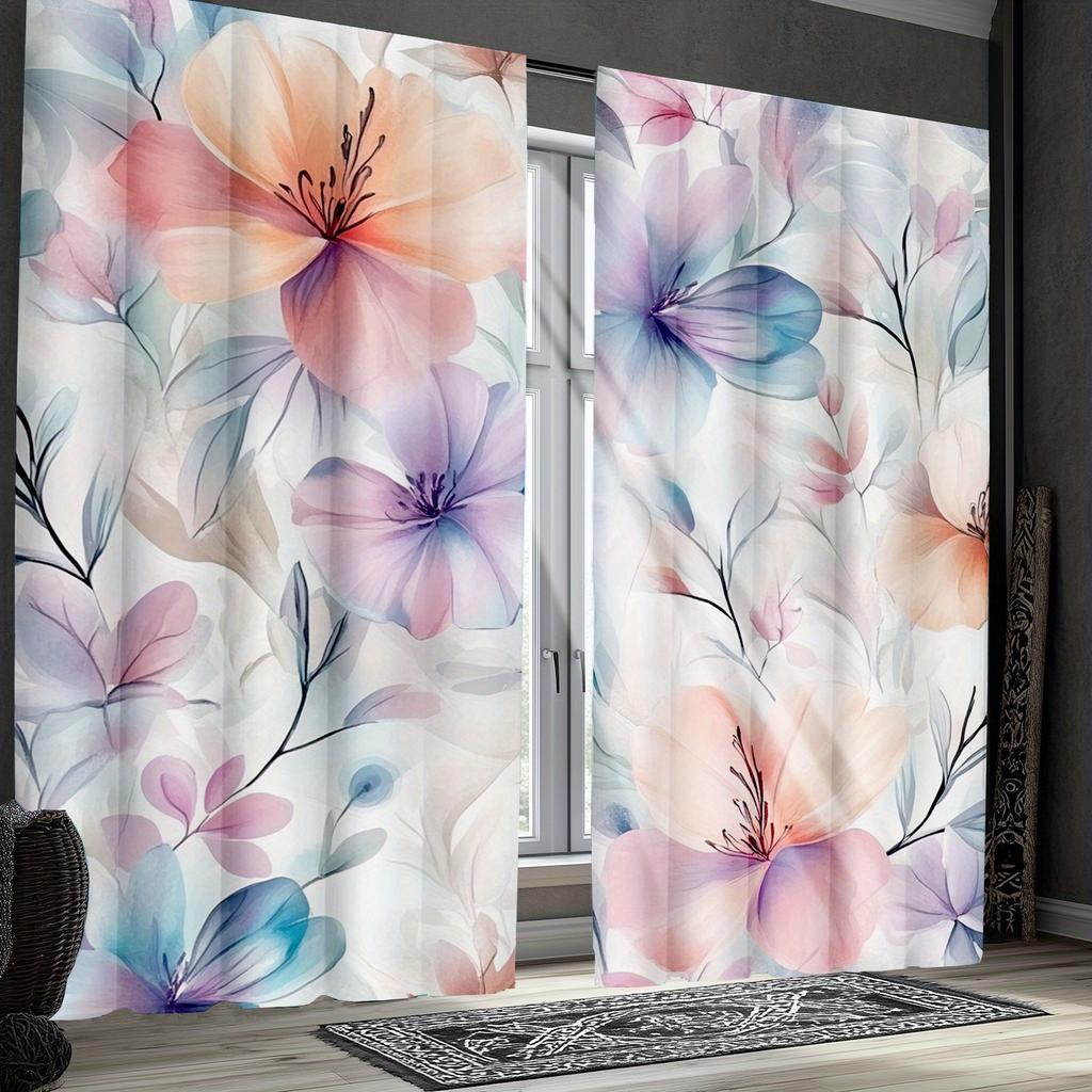 2pc Watercolor floral print curtains, polyester fabric, machine washable, suitable for bedroom and living room decoration