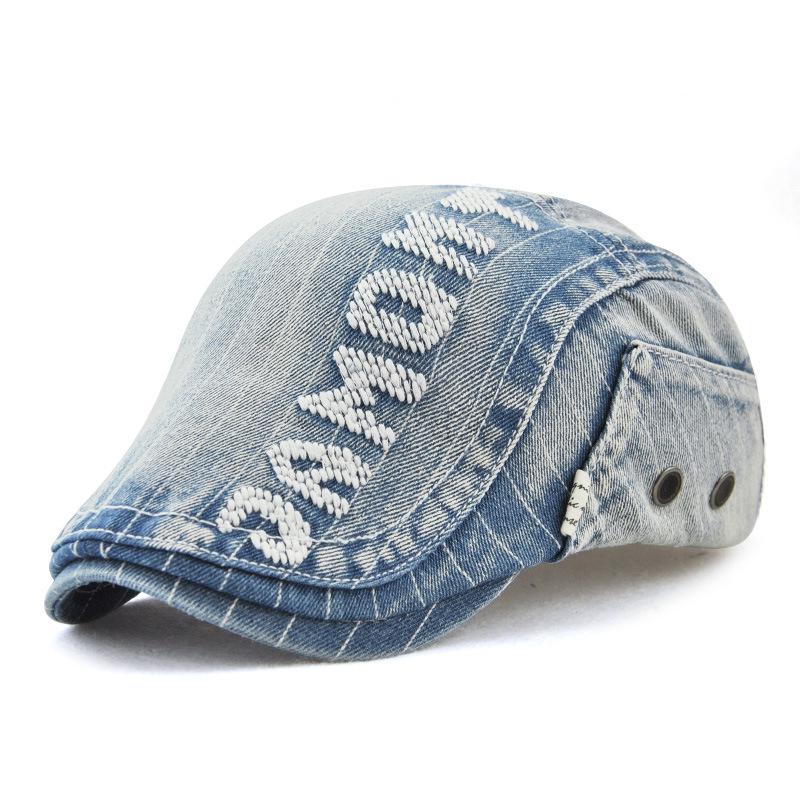 

Adult Denim Beret with 3D Embroidered Letters – Trendy Outdoor Sun Hat for Men and Women