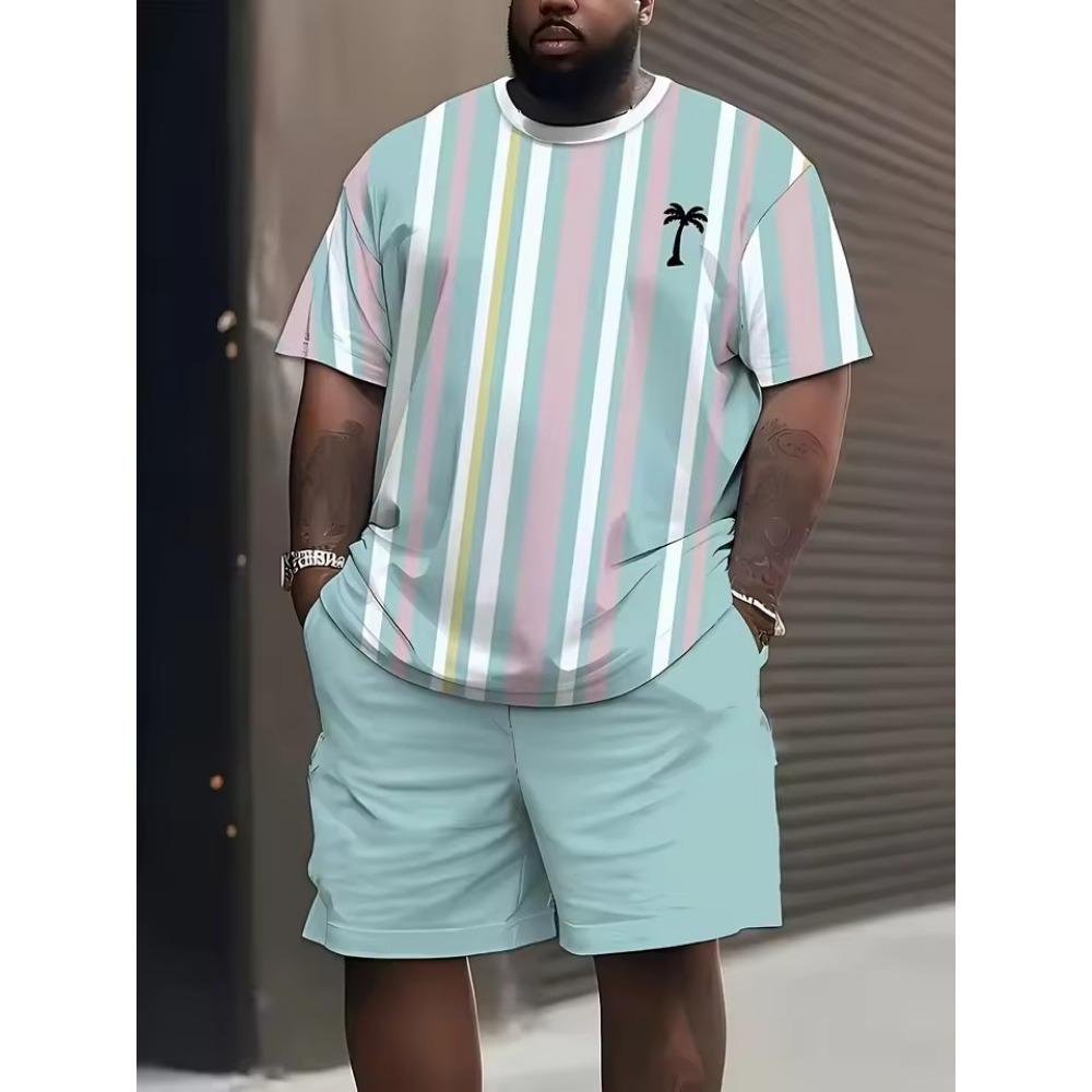 New Men's Trendy Teddy Bear Print Micro Elastic Comfortable Breathable Round Neck T-shirt Shorts Set Summer Outdoor Streetwear