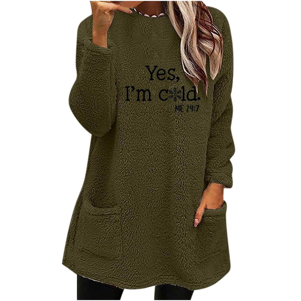 2023 Women's Loose Fit Double-Sided Fleece Crew Neck Sweatshirt with Letter Print and Pockets