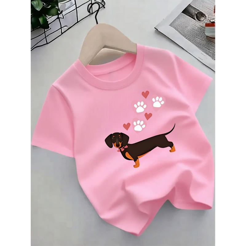 European Sizes Cute Dachshund Pattern Kids' T-Shirt | Casual Summer Knit Top with Heart Paw Print Design, Regular Fit, Crew Neck
