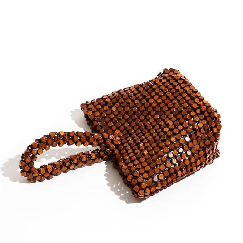 Vintage Niche Wooden Beaded Bucket Bag 2026 New Handwoven Handbag Summer Vacation Beach Bag