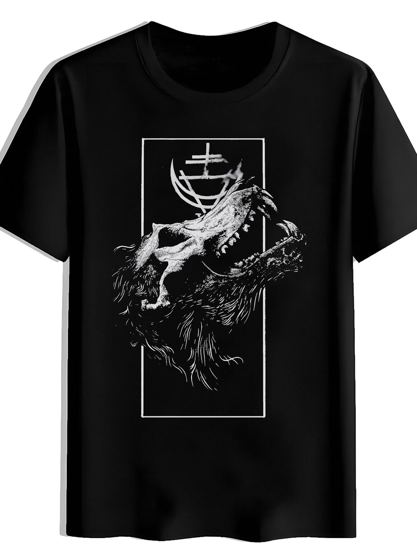 T-shirt Black Graphic - Bold Wolf Head Design with Crossed Swords XXXL