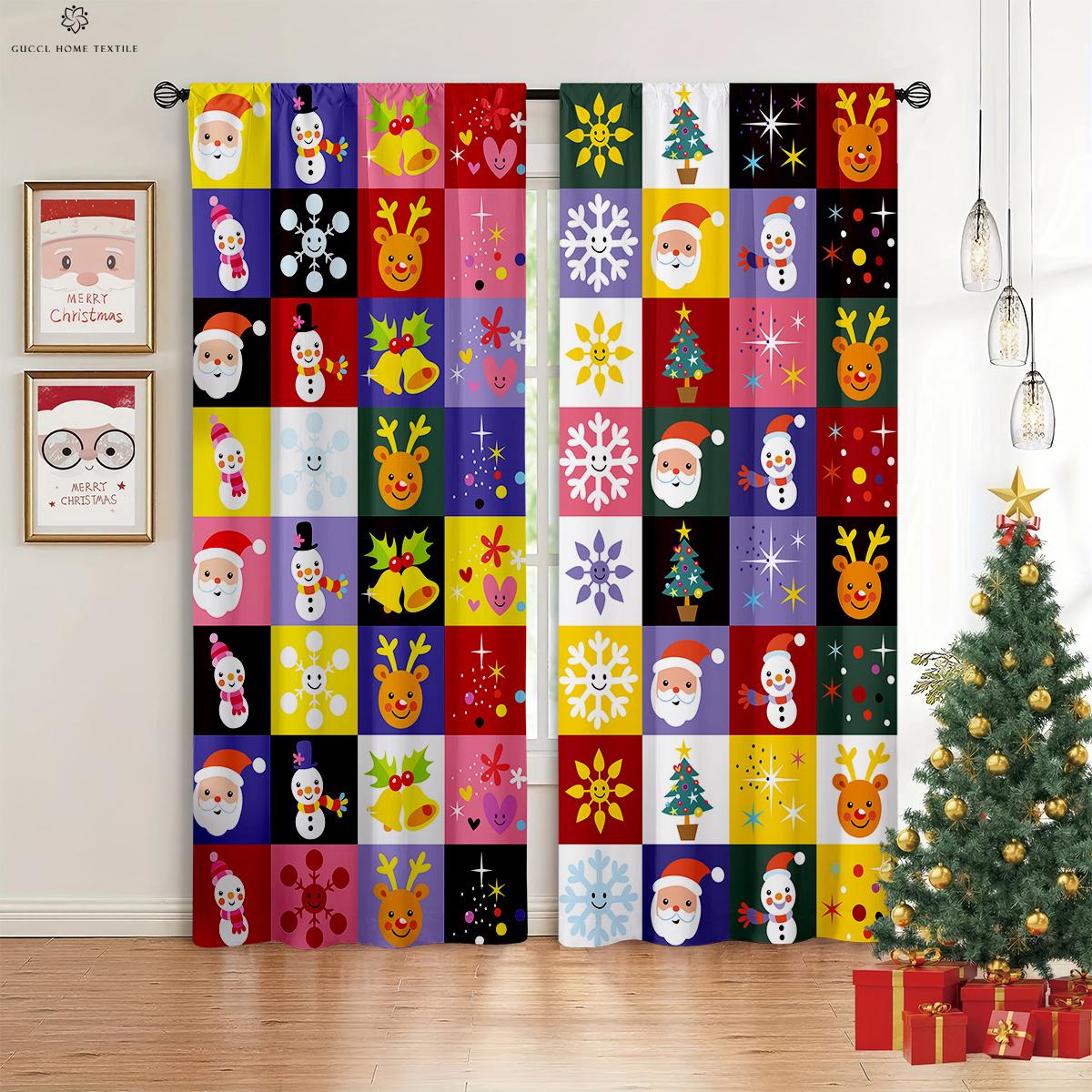 

Christmas Curtains Snowman Fireplace Christmas Tree Red Printed Drapes Bed Room Dining Room New Holiday Party Decoration W50xH130(CM)x2PCS&Rod pocket