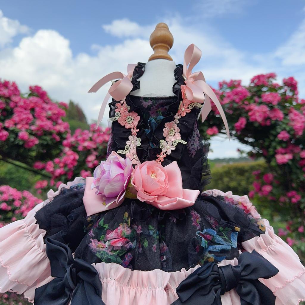 Luxury High-end Black Pink Roseflower Pet Dog Clothes Handmade Long Tail Princess Dress For Small Medium Dog Photography Skirts