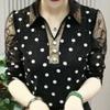 Abbigliamento Primaverile e Autunnale da Donna T-shirt di Tendenza Polo a Manica Lunga Coprente e Stampa a Caldo Diamante Top da Esterno