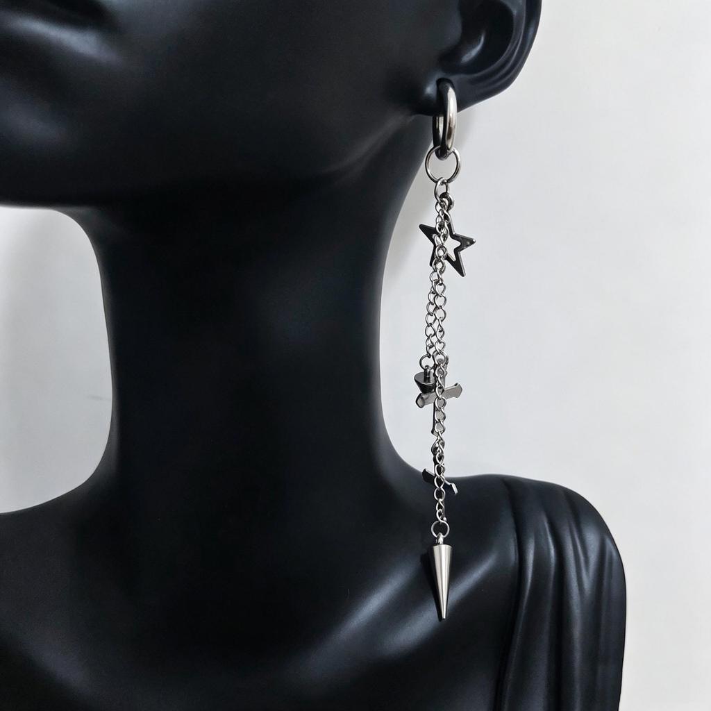 Stainless Steel Asian-Style Star Tassel Earrings - Unisex Long Hoop Studs