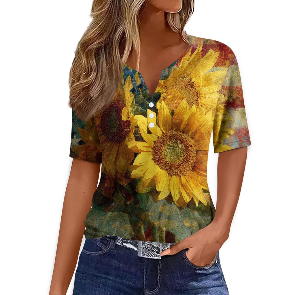 Women Casual V Neck Short Sleeve T Shirt Button Detail Sunflower Print Lightweight Summer Top for Everyday Wear