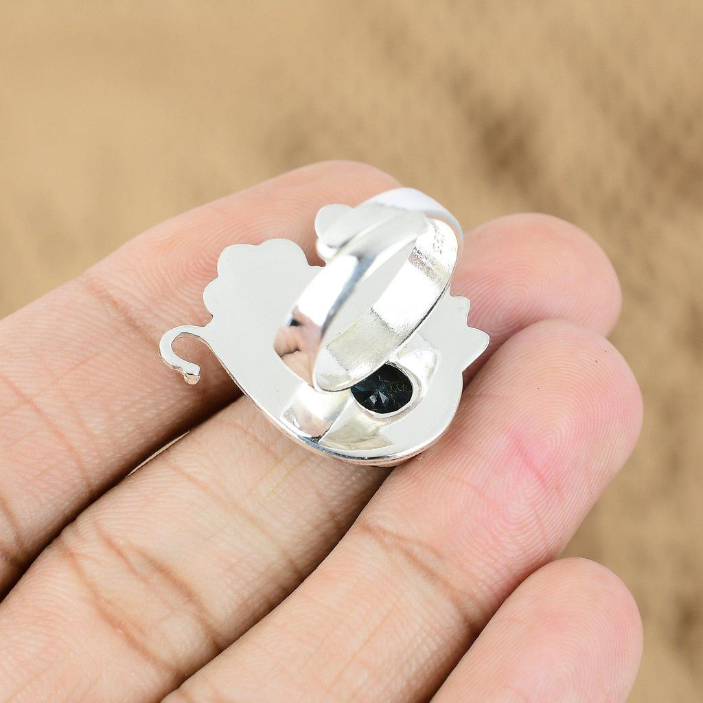 Mothers day Deal Sterling Silver Round Swiss Blue Topaz Stone Flower Boho Ring