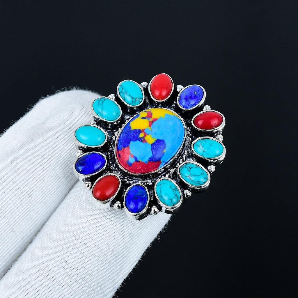Beautiful Mosaic Japser Gemstone Ring, 925 Sterling Silver Ring, Gift For Her, Oval Stone ,Elegant Handmade Ring, Mosaic Japser Flower Silver Ring