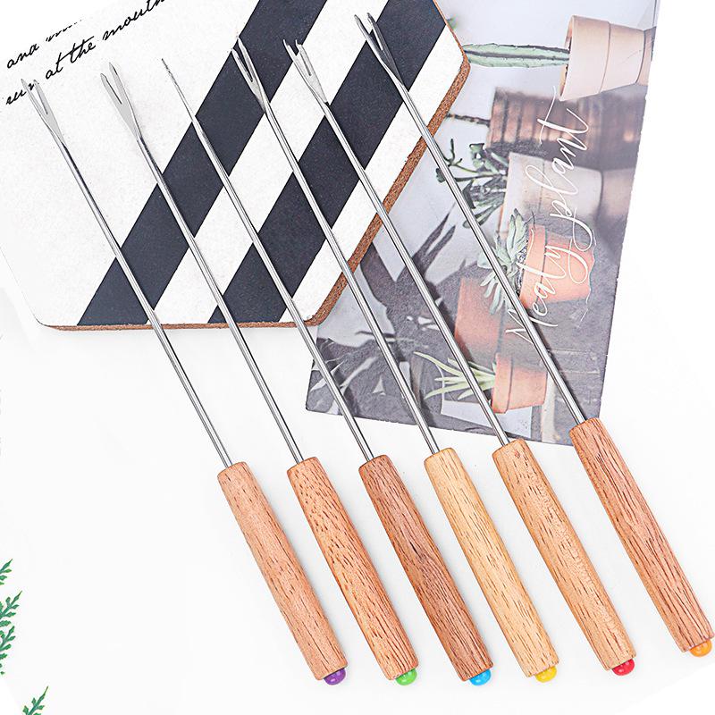 Oak Handle Fondue Fork Set, 6-Piece: Perfect for Cheese & Chocolate Fondue. 6-Piece Hot Pot Fork Set