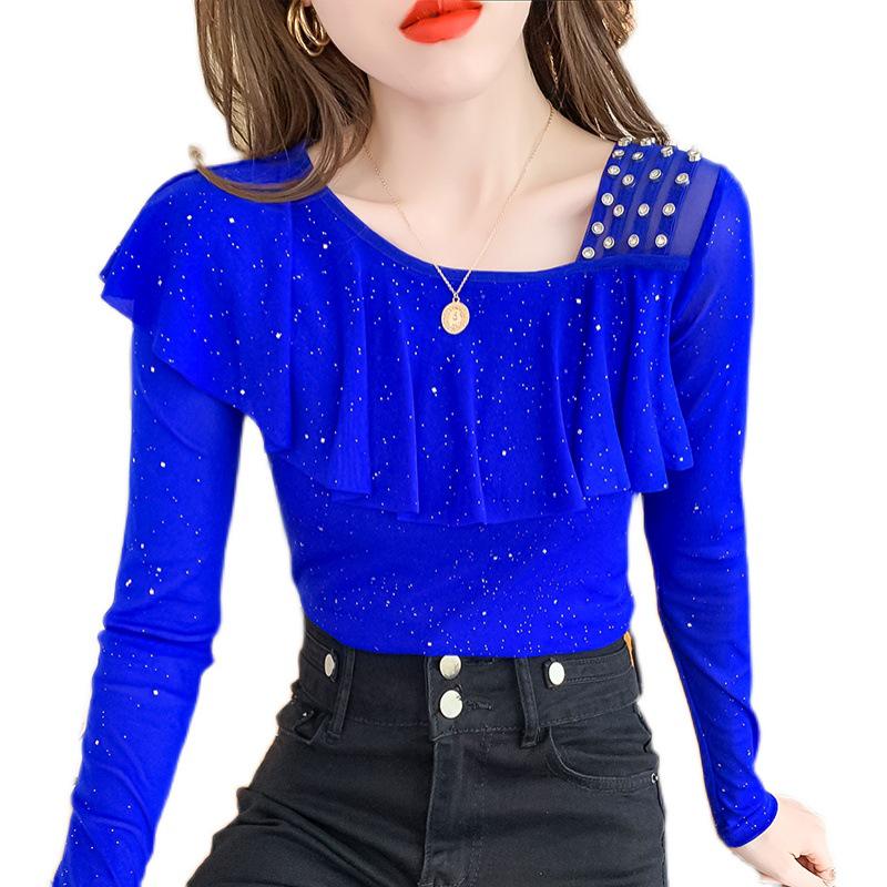 Autumn Mesh Long-Sleeve Top with Ruffles and Beaded Irregular Collar & Straps