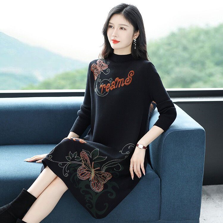 Women's Floral Knit Dress Loose Mid-length Thick Knit Sweater Dress Pullover Knit Dress