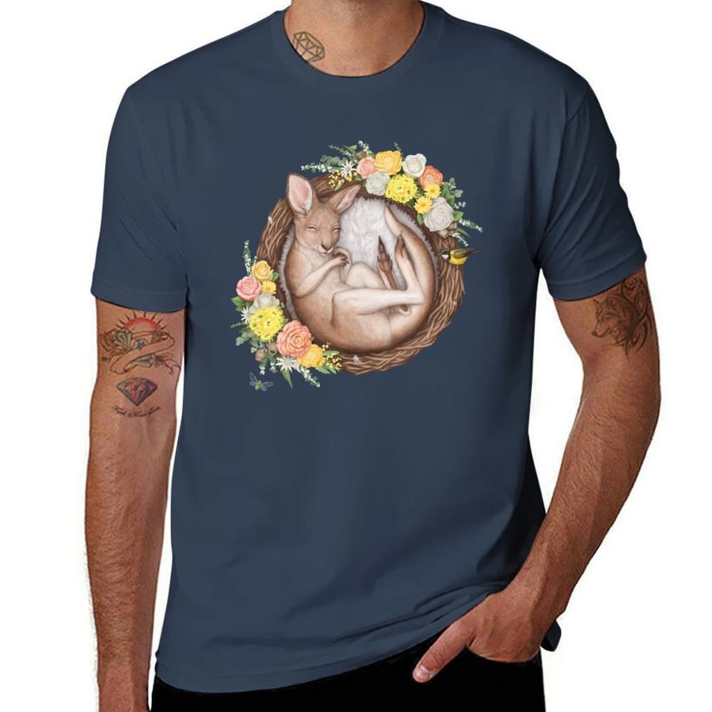 Sleeping Baby Kangaroo Tshirt Casual Simple Design Short Sleeve Shirt