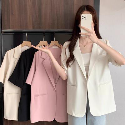 White Short-sleeved Blazer Jacket Women Summer Chic Single Button Notched Collar Outwear Ladies Loose Office Suit Coat