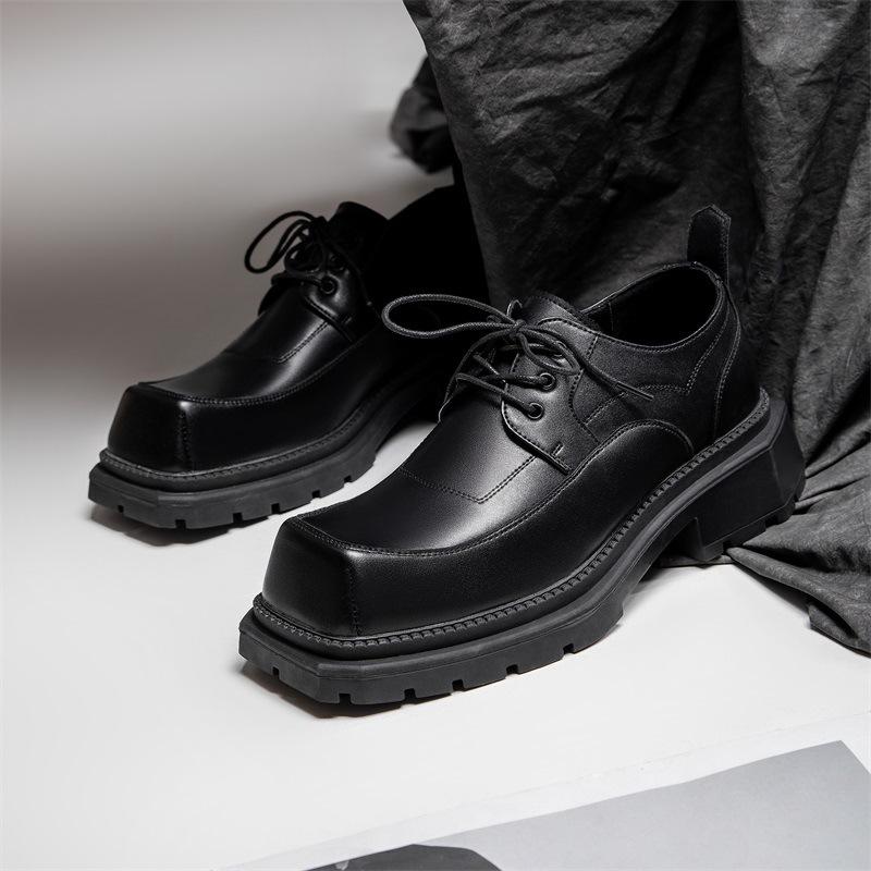 New Square Head Derby Shoes Men's Business Casual Retro Original Niche Design Thick Sole Heightening Ins Small Leather Shoes