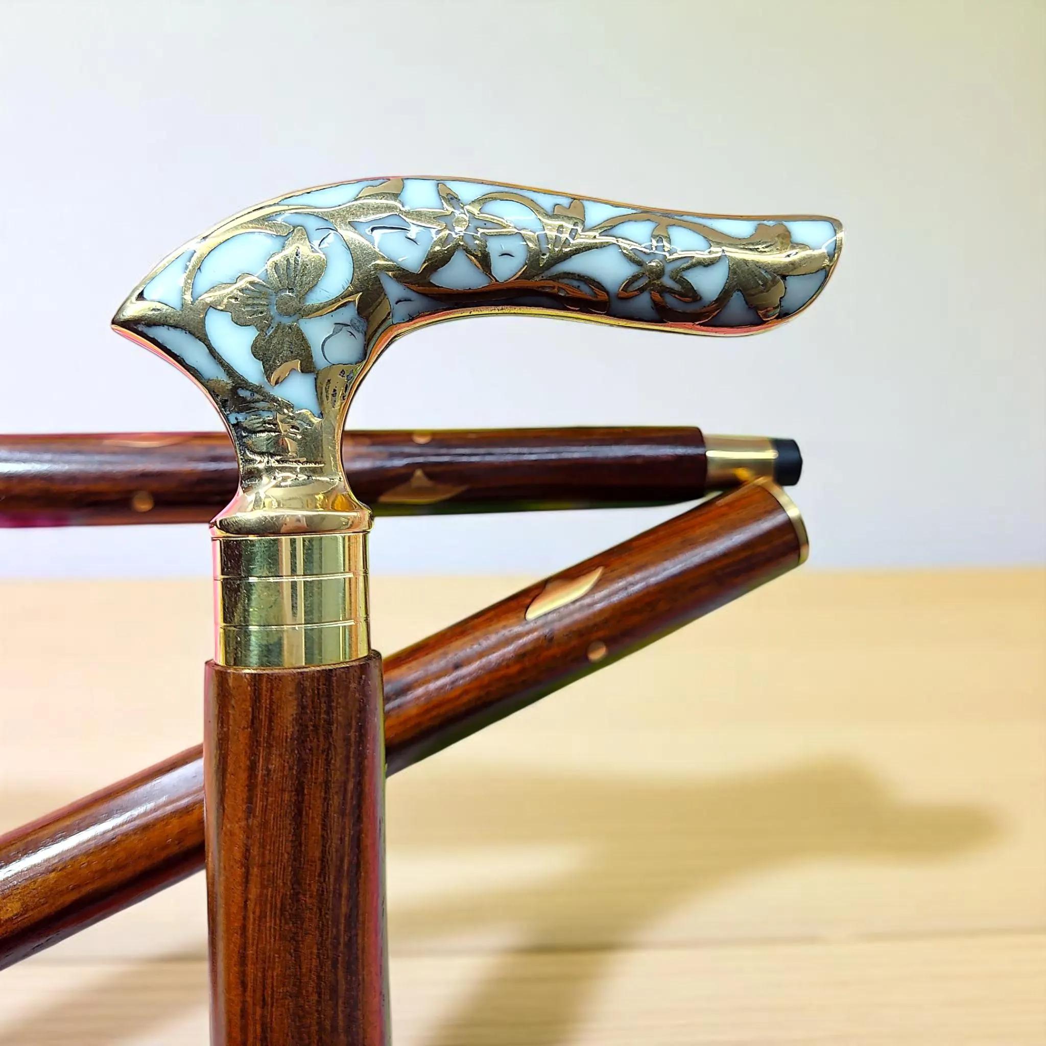 Floral Brass Handle Walking Cane Handmade Wooden Stick Home Decor  Birthday Gift