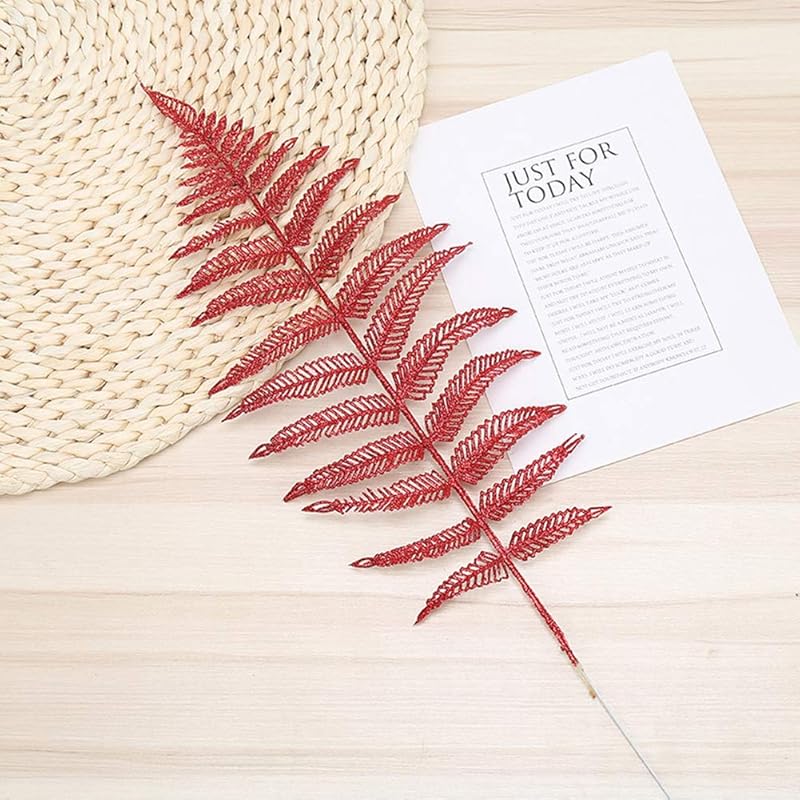 Develoo Decorative Glitter Hollow Leaf, 10pcs Artificial Fern Plant Persian Stem Leaves Christmas Spray Ornament for Holiday Party Xmas Tree Decor