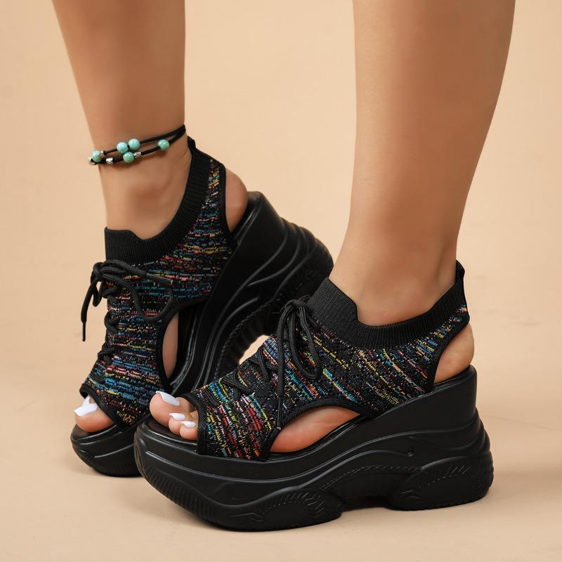 Fashion Summer New Knitting Woven Lace-up Women's Sports Sandals Fashion Breathable Open Toe Wedge Heel Thick Sole Beach Casual Sandals