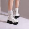 Women Mid Calf Boots Round Toe Wedge High Heels Buckle Lace-up Zipper Platform Ladies Fashion Shoes Autumn Winter 46