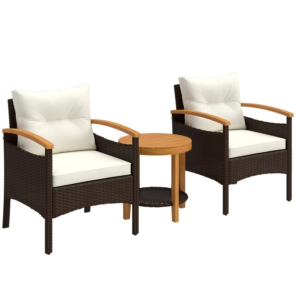 Rattan Bistro Set 3-Piece FSC Garden Furniture Set with 2 Chairs, 2-Tier Wooden Table, Thick Washable Cushions