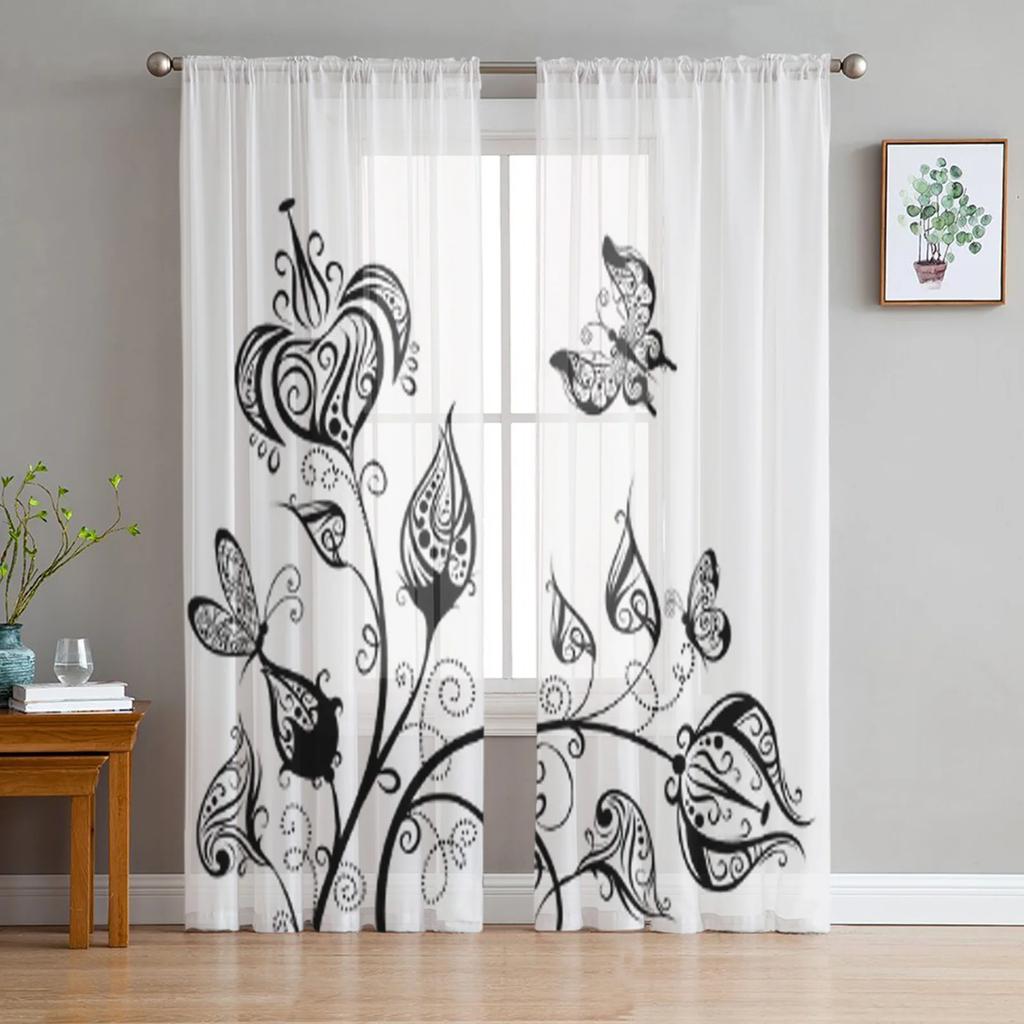 Florale abstrakte schwarz-weiße Tüllvorhänge für Wohnzimmer, durchsichtiger Vorhang, Schlafzimmer, Schleier, Organza, dekorative Fensterdekorationen