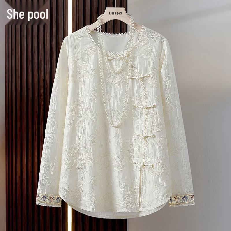 Her Pool Women s New Chinese Style Lyocell Disc Button Lace Blouse S